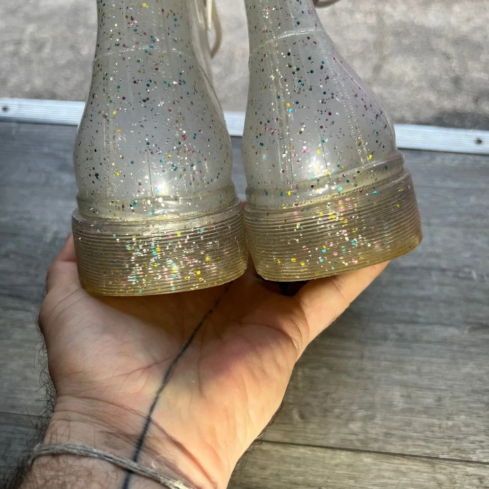 Y2K Urban Outfitters Combat Boots Clear Glitter Jelly Womens 8  Lace Up FESTIVAL
